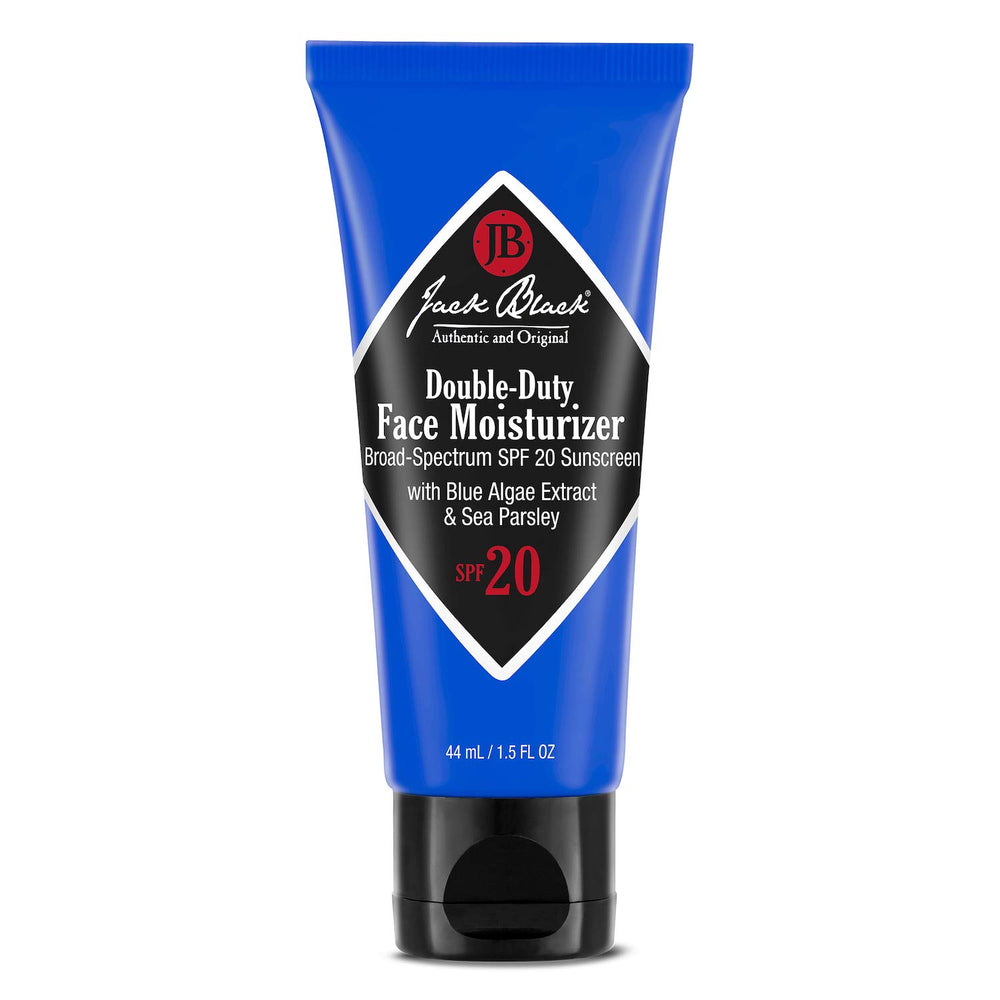 Jack Black Double Duty SPF 20 bottle close-up highlighting lightweight hydration and protection.