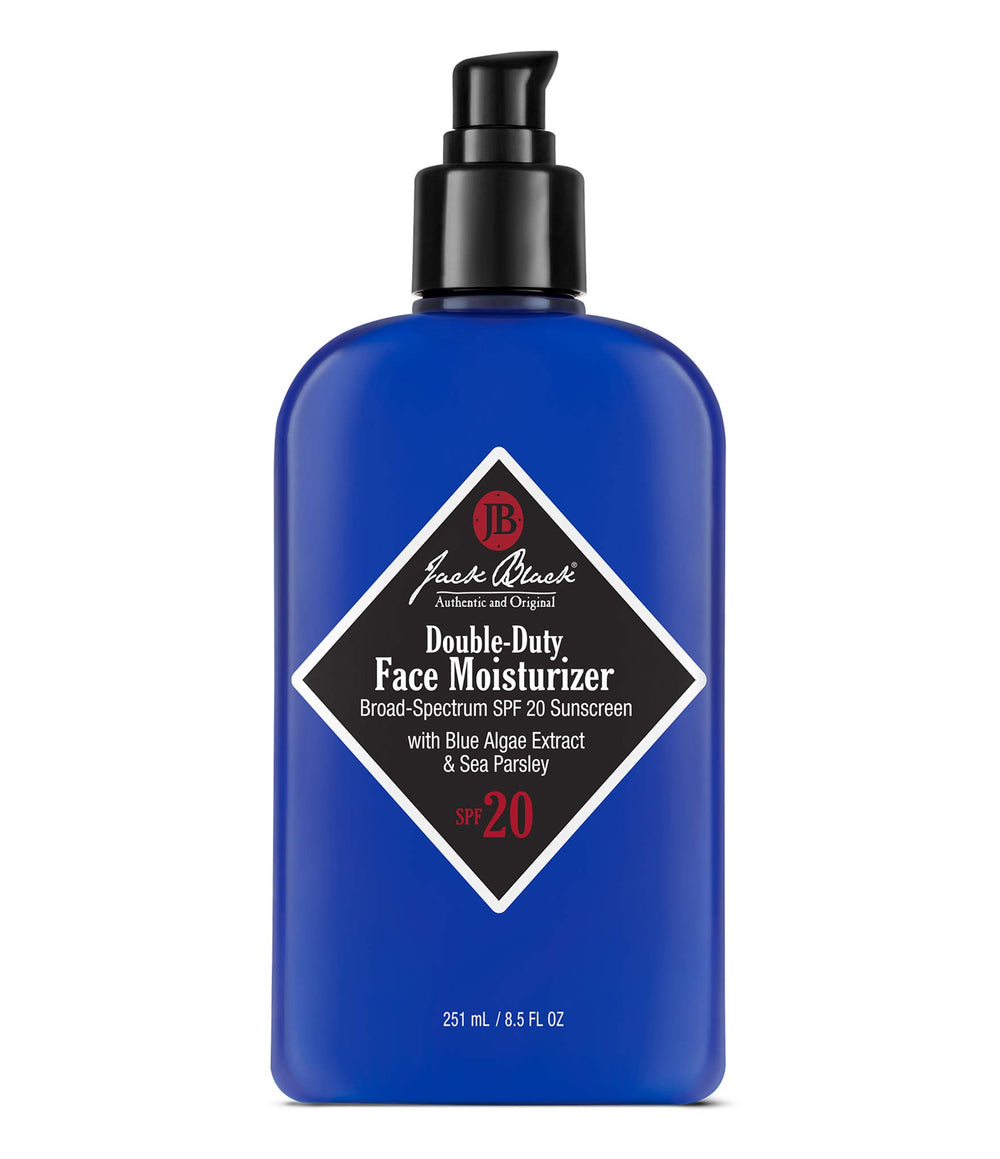 Jack Black Double-Duty Face Moisturizer bottle front with SPF 20 for daily sun protection.