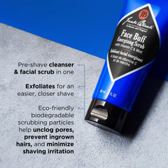 Jack Black Face Buff Energizing Scrub in shower highlights cooling prep before shaving