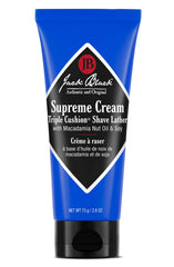 Jack Black Supreme Cream triple cushion lather bottle showcases rich, protective shaving cushion.