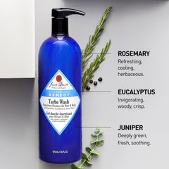 Jack Black Turbo Wash in a shower scene suggests refreshing aroma of rosemary and eucalyptus