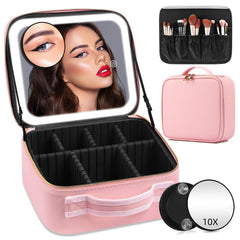 Jadazror makeup case pink front view with lighted mirror for on-the-go touch-ups
