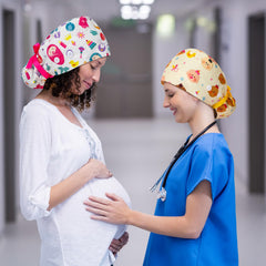 Jamntower obstetrics-patterns scrub cap adds color variety for bedside wear.