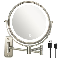 JANEEVA 8-inch wall-mount makeup mirror showing 3 light modes for precise makeup under varied lighting