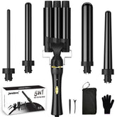 janelove 5in1 wand curling iron set with interchangeable barrels enables versatile beachy to tight curls.