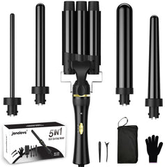 janelove 5in1 wand curling iron set with interchangeable barrels enables versatile beachy to tight curls.