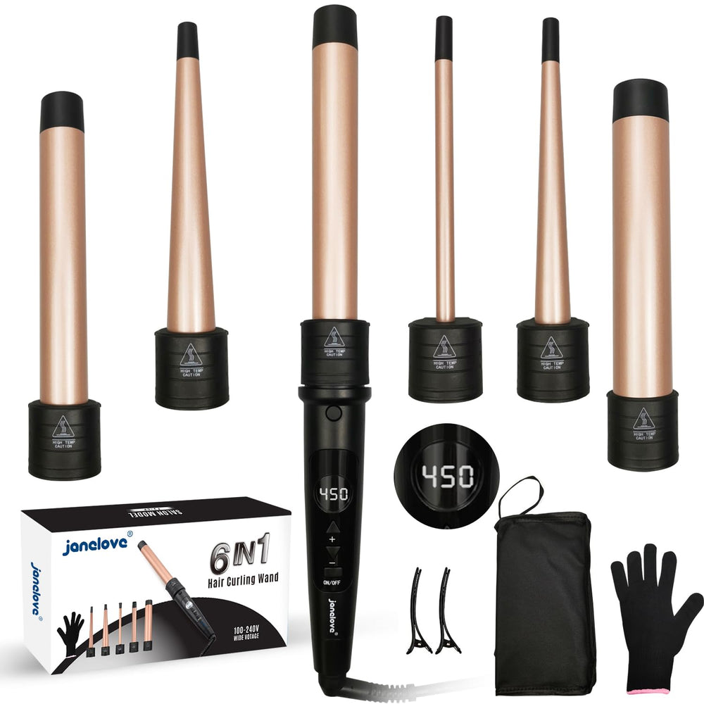Janelove 6-in-1 hair wand set packaging for versatile at-home styling options.