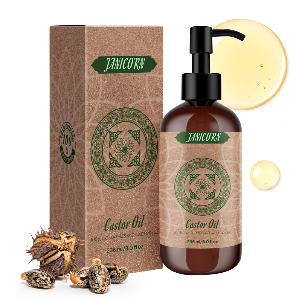 JANICORN castor oil bottle close-up showcasing pure, hexane-free formula for hair care.
