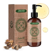 JANICORN castor oil bottle close-up showcasing pure, hexane-free formula for hair care.
