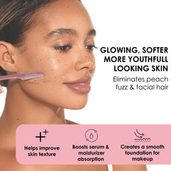 JAPONESQUE Dermaplaner face hair removal showing peach fuzz ideal for smoother makeup application.