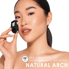 JAPONESQUE Travel Eyelash Curler Black 2 Pack side angle highlights gentle curve for monolids.