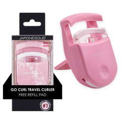 JAPONESQUE travel eyelash curler pink closeup shows precise curl for on-the-go looks