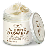 Jardient Beef Tallow Honey Balm packaging shows natural ingredients for skin nourishment.