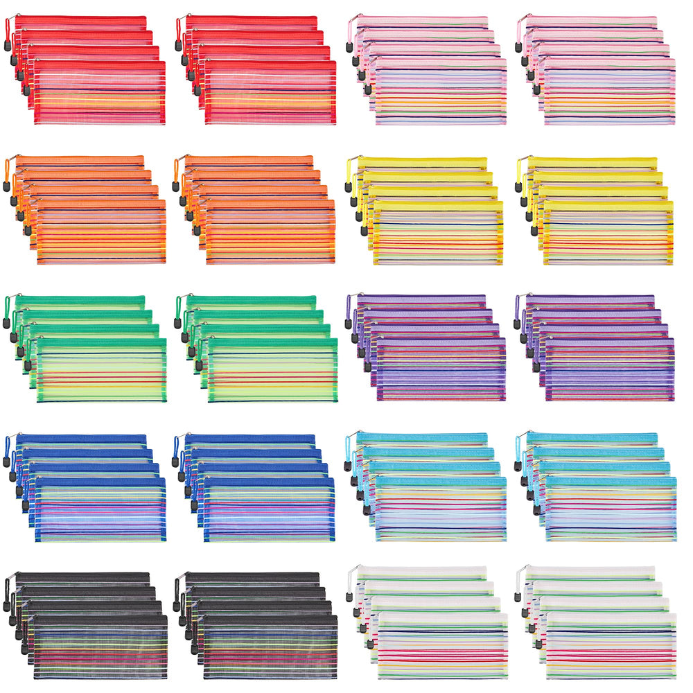 JARLINK 80-pack mesh zipper pouches neatly organize cosmetics, receipts, and small office supplies.