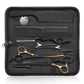 Jason professional haircut scissors straight 6.5-inch black-gold blade for precise cuts.