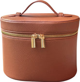 JAZD vanity case front view in brown showing compact travel design for cosmetics