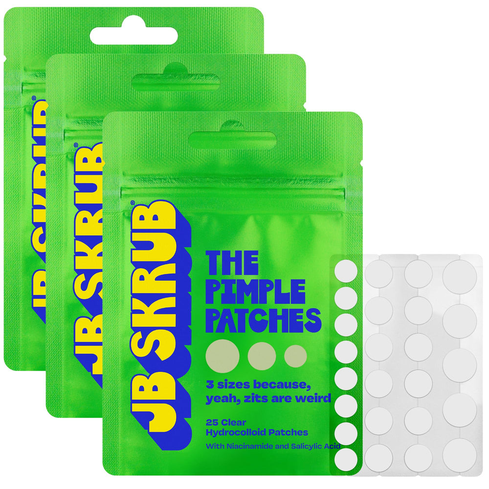 JB SKRUB pimple patches packaging close-up for discreet, travel-friendly skincare.