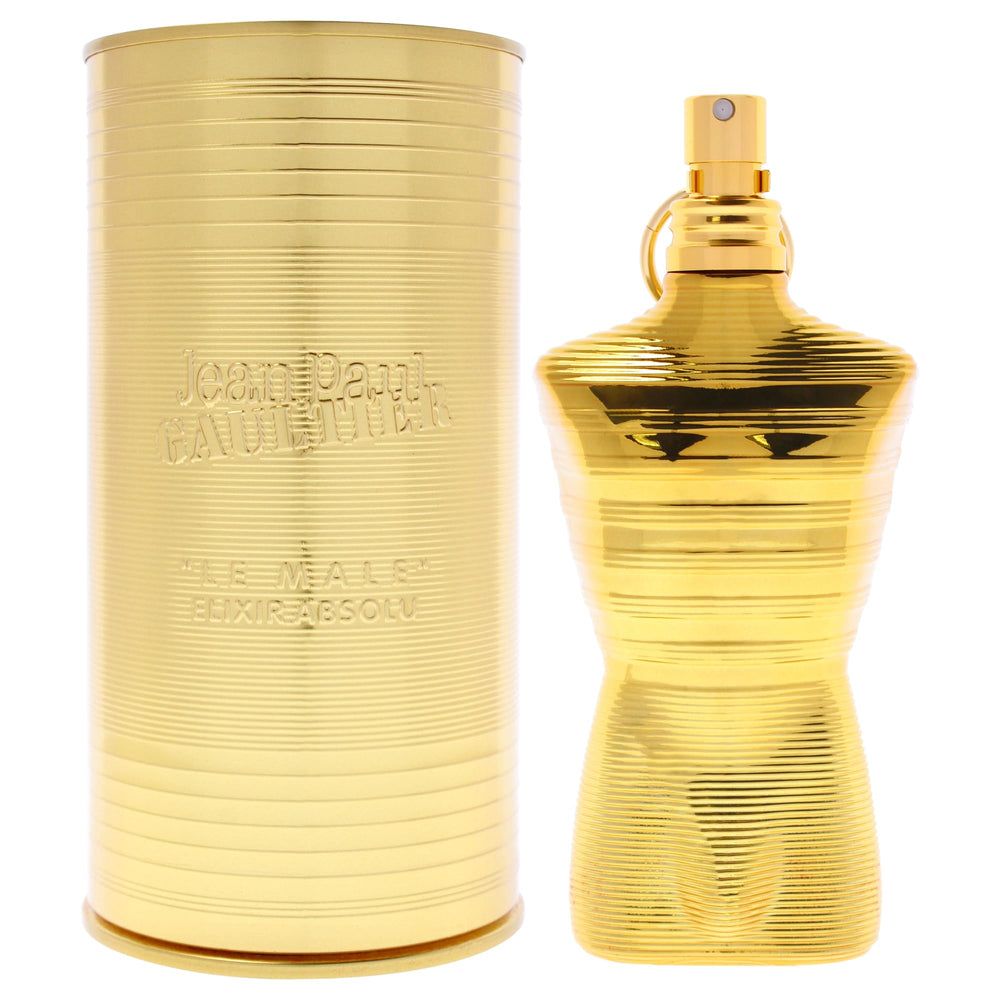 Jean Paul Gaultier Le Male Elixir Absolu Intense bottle shot highlights the rich woody notes for lasting presence.