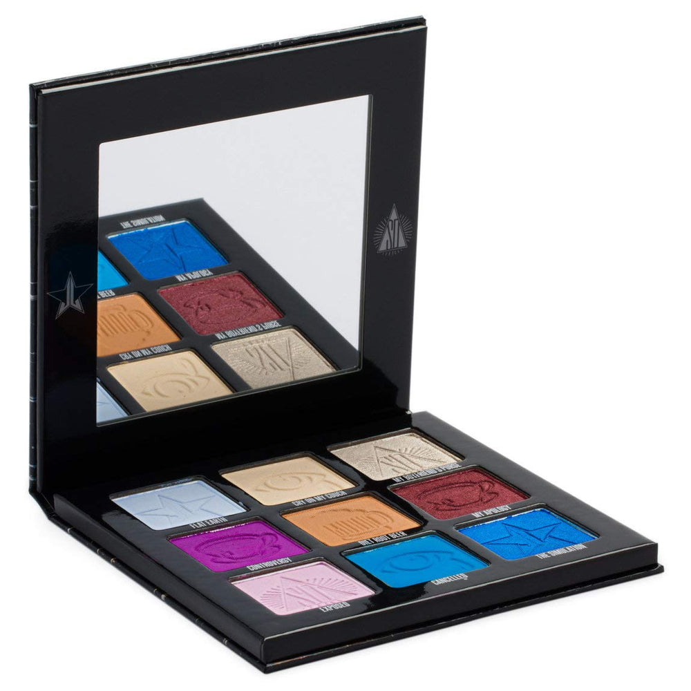 Jeffree Star Mini Controversy palette swatches reveal bold blues and purples for versatile looks.