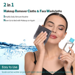 JEFFSUN Wash Cloths makeup remover use demonstrates gentle removal with water.
