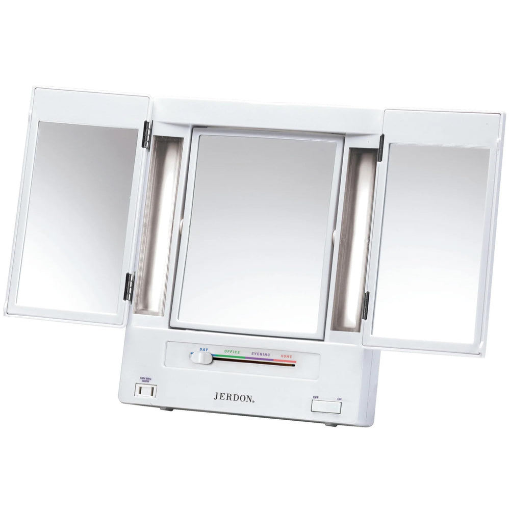 JERDON tri-fold makeup mirror with lights for versatile angles and lighting