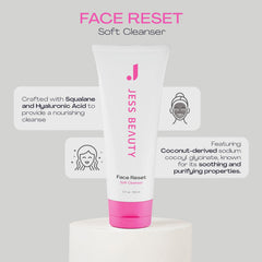 JESS BEAUTY Face Reset Cleanser bottle showing squalane and hyaluronic acid benefits