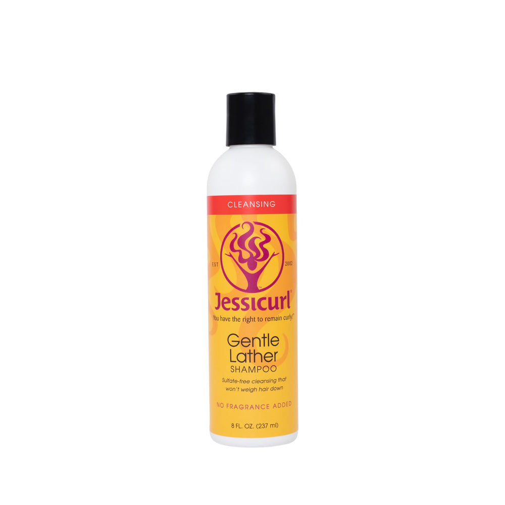 Jessicurl Gentle Lather Shampoo bottle demonstrates a gentle, sulfate-free cleanse for all hair types.