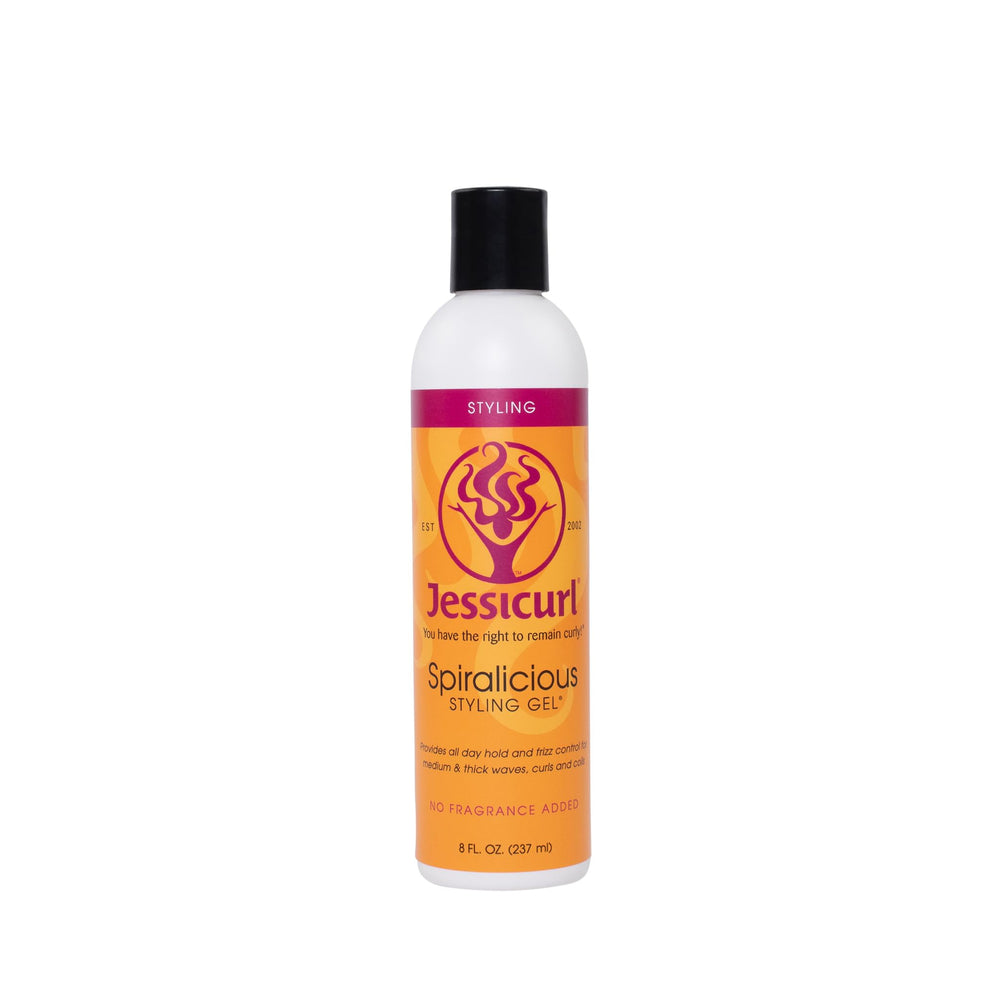 Jessicurl Spiralicious Gel bottle with defined curls and frizz control.