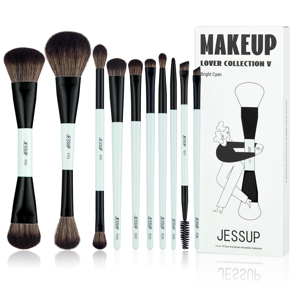 Jessup makeup brush set with bright cyan handle for versatile on-the-go application.