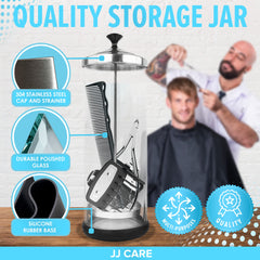 JJ CARE Disinfectant Jar cap and black lid illustrate secure containment during tool sanitizing.