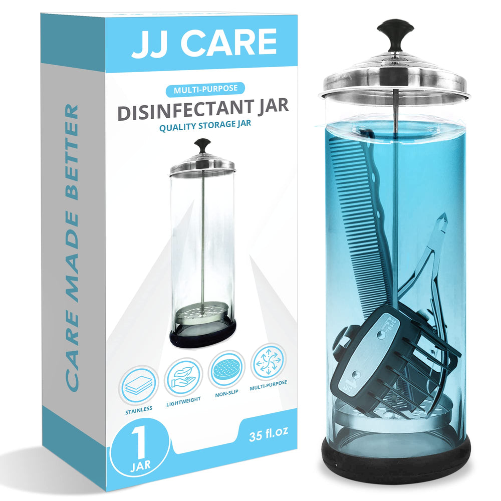 JJ CARE Disinfectant Jar front view highlights durable glass for daily salon tool sanitizing.