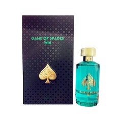 Jo Milano Game of Spades Win bottle front shows unisex oriental floral fragrance for day or night.