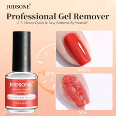 JODSONE gel remover bottle highlights quick-action formula for faster polish removal.