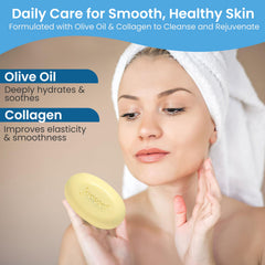 JOESOEF SKIN CARE olive oil and collagen soap packaging highlights nourishing ingredients for skin