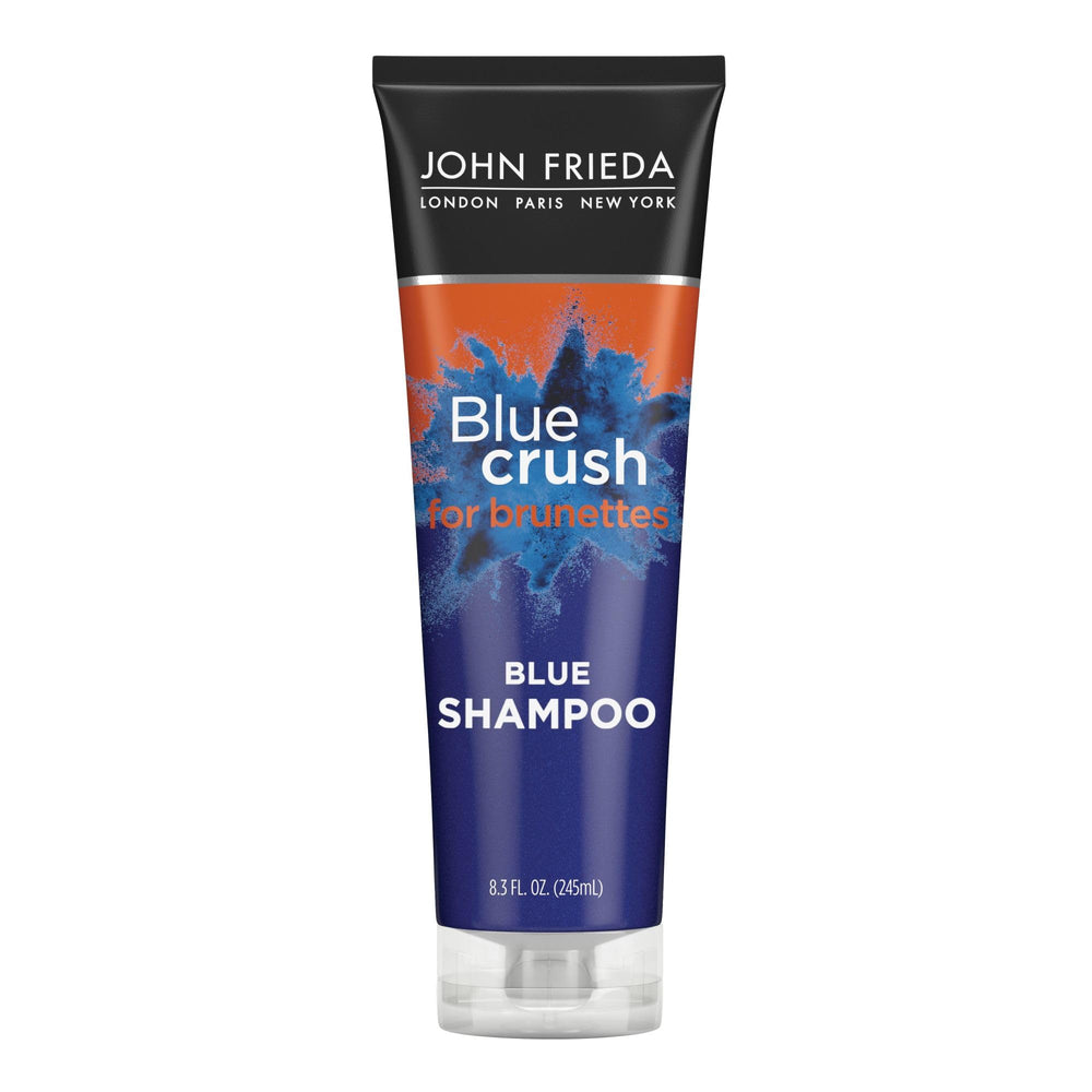 John Frieda Blue Crush Shampoo bottle for cooler brunette tones and color protection.