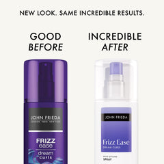 John Frieda Dream Curls daily styling spray mist on hair illustrating second-day revival and texture