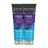 John Frieda Dream Curls Shampoo bottle on sink for defined, frizz-free curls.