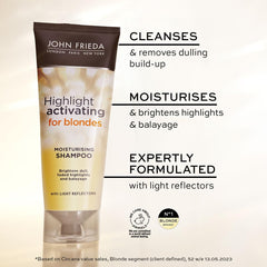 Pouring shot of John Frieda shampoo emphasizes gentle cleansing and tone-brightening potential.