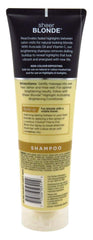 John Frieda Sheer Blonde Shampoo bottle closeup highlighting sunflower and white tea formula.