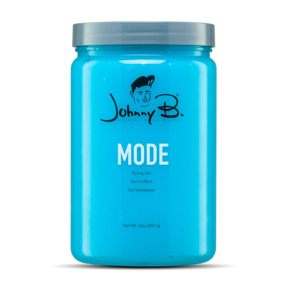 JOHNNY B. Mode gel bottle front shows strong hold for thick hair.