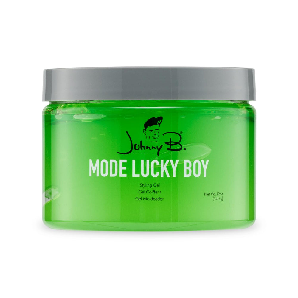 JOHNNY B. Mode Lucky Boy gel-tube on counter demonstrates thick-hair hold.