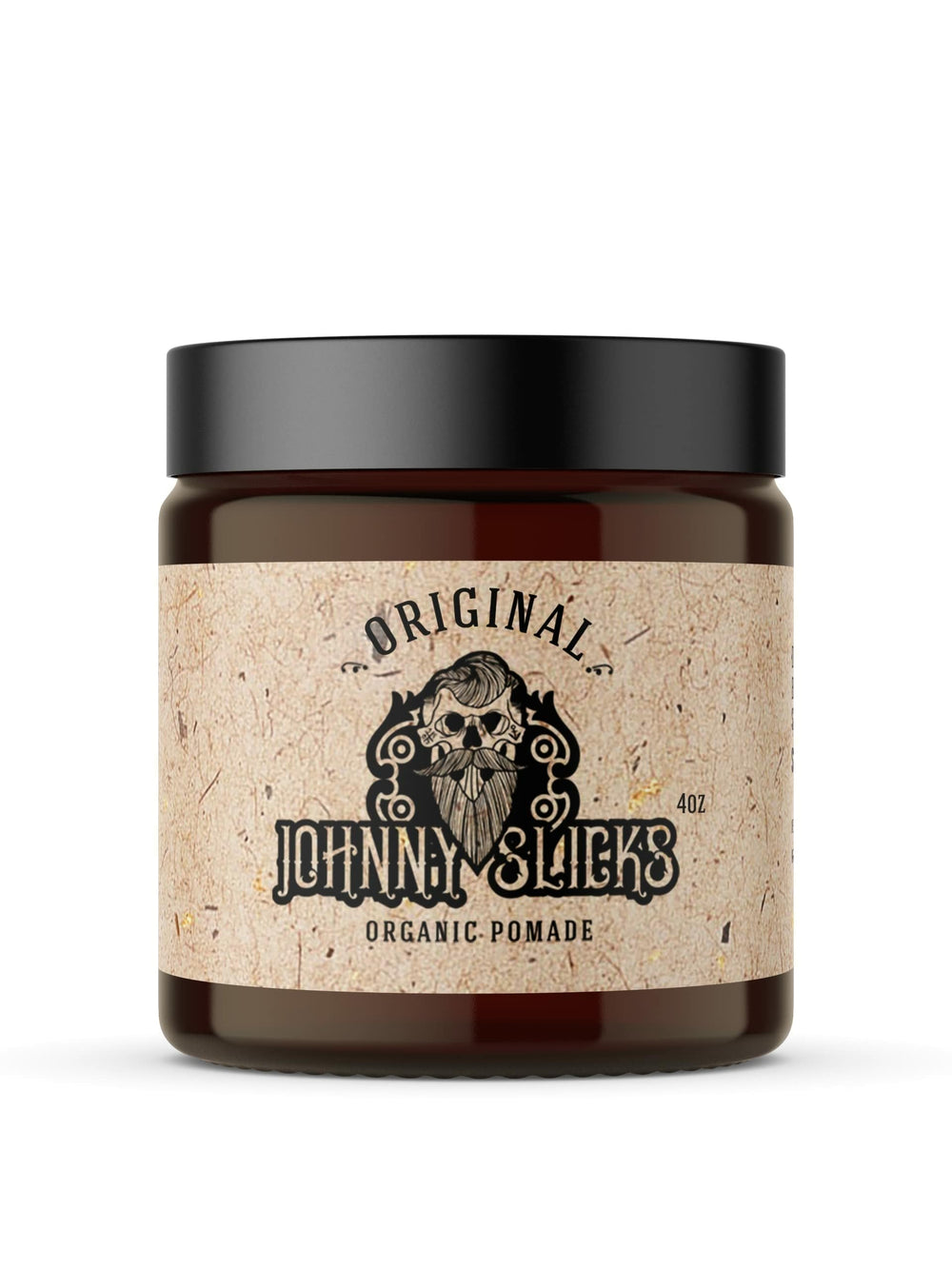 Johnny Slicks oil-based pomade original jar close-up showing natural ingredients for healthy hair.