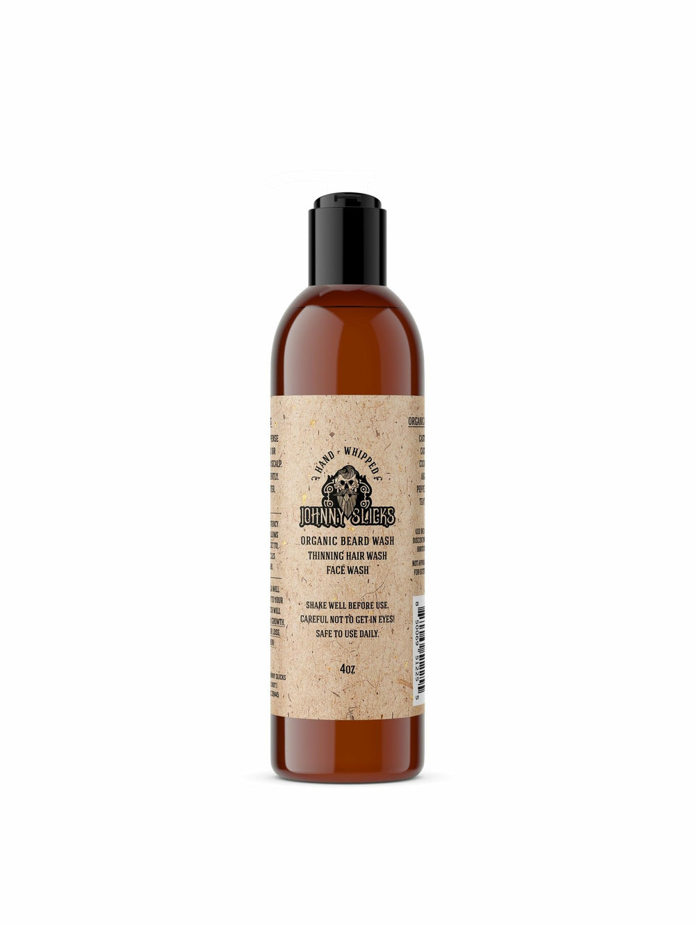 Johnny Slicks Organic Hand Whipped Beard Wash bottle pour highlights refreshing cleanse and invigorating scent.