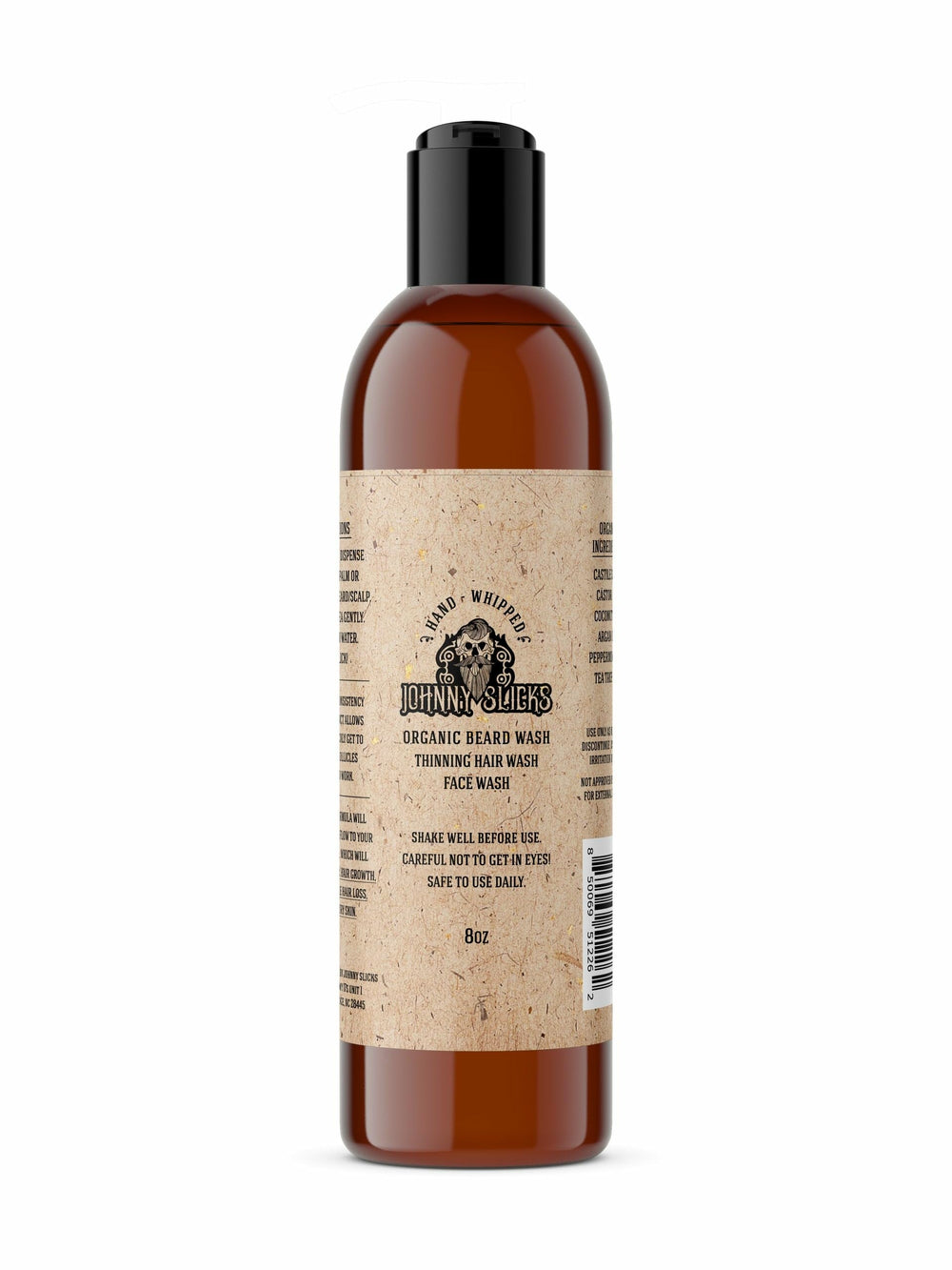 Johnny Slicks beard wash bottle shows rugged, refreshing cleanse for beard and skin