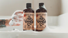 Johnny Slicks Shampoo pour demonstrates gentle cleansing and buildup removal.