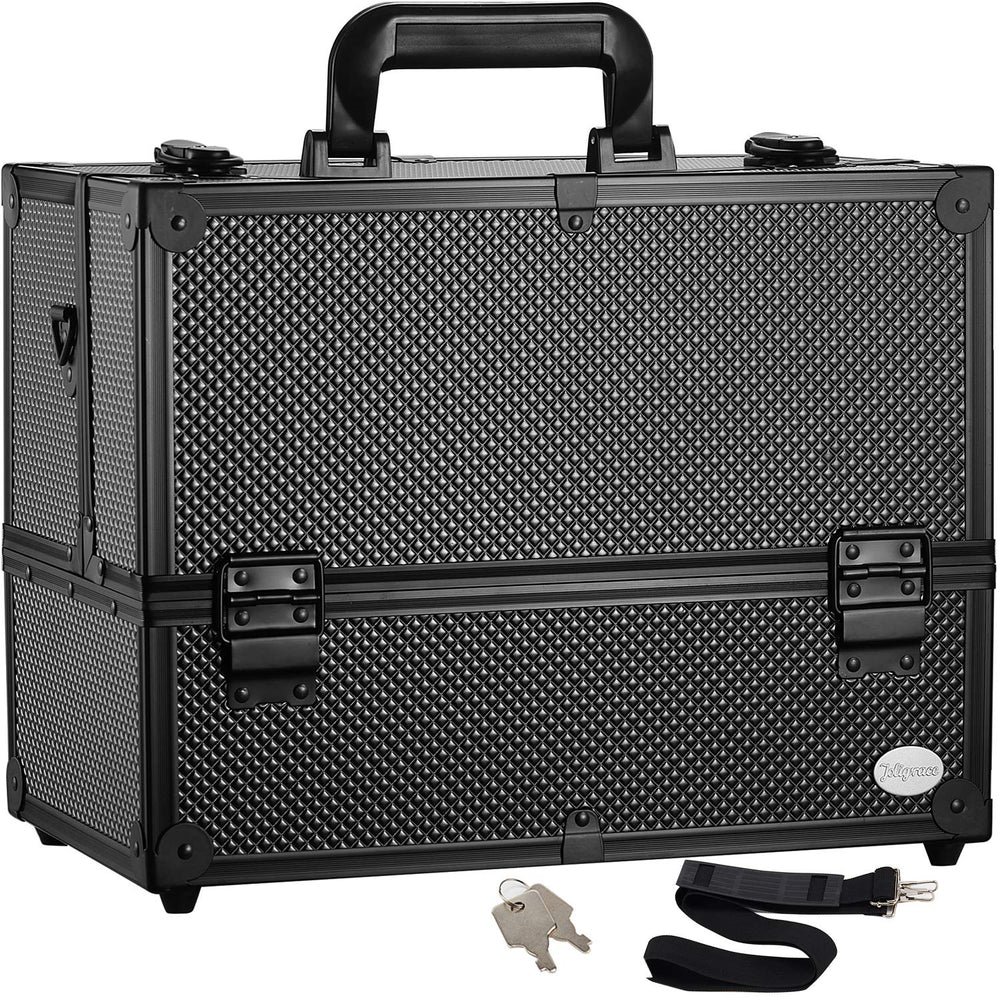 Joligrace makeup-train-case-closed: secure portable storage for cosmetics during travel.