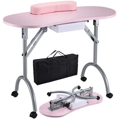Joligrace manicure table foldable-wheels-pink enables easy on-site setup and transport.