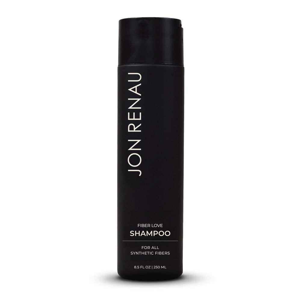 Jon Renau Fiber Love Shampoo bottle illustrating gentle cleansing for synthetic wigs