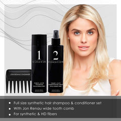 Jon Renau synthetic hair conditioner bottle emphasizing sulfate- and paraben-free care