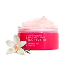 Josie Maran Whipped Argan Pro-Retinol Body Butter jar close-up shows creamy texture for smooth skin.